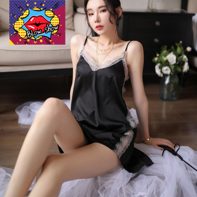 新品女士露背深V性感吊帶蕾絲緞面後開叉睡裙 5132
